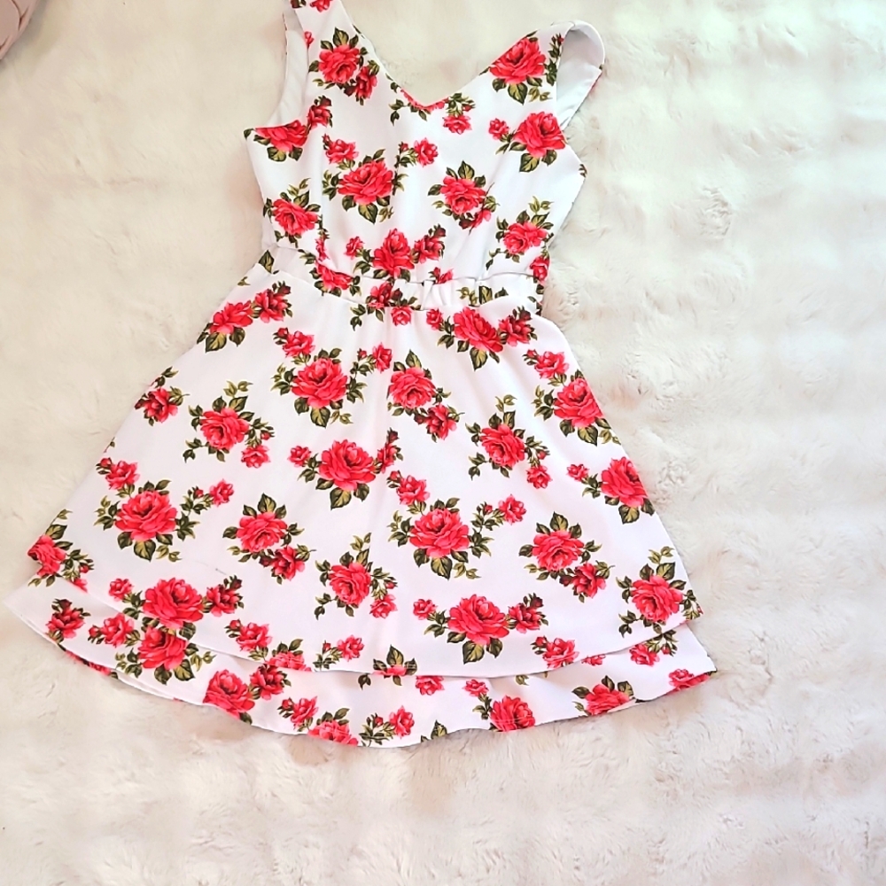 Emerald Sundae White and Red Floral Kids Dress